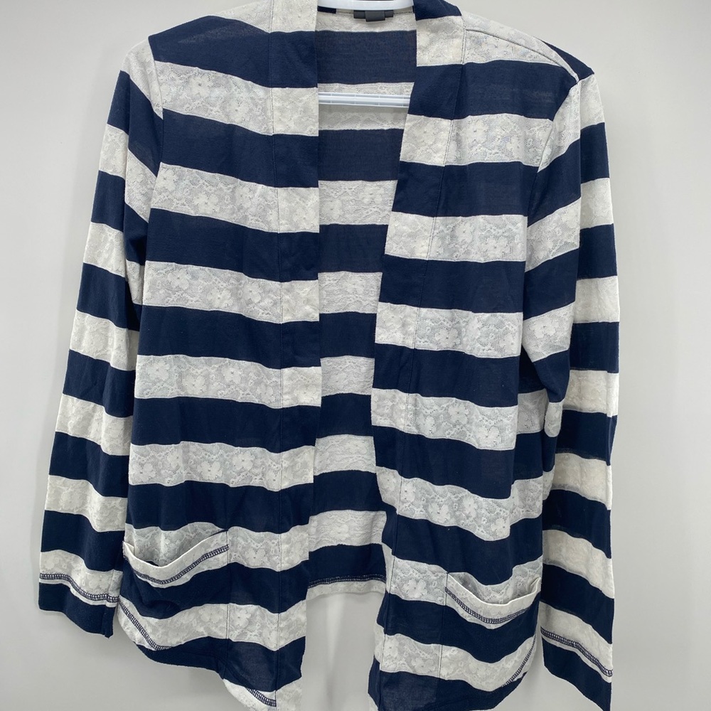 Fluent Life Essentials Womens Open Front Cardigan Sweater White Blue Striped M